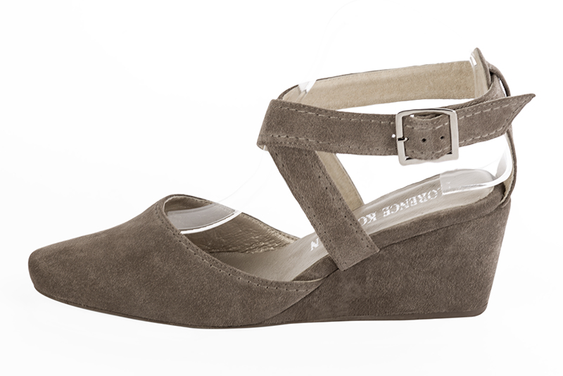 Taupe brown women's open back shoes, with crossed straps. Round toe. Medium wedge heels. Profile view - Florence KOOIJMAN